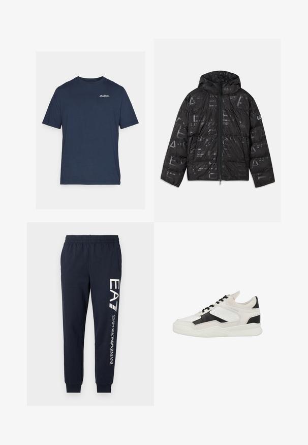 Zwarte pufferjack met een glanzende, geprinte afwerking. Voorzien van een ritssluiting aan de voorkant, een capuchon met trekkoord en logo-accenten op de mouw.; Navyblauw katoen t-shirt met korte mouwen. Heeft een klein wit geborduurd logo op de linker borst. Ronde halslijn.; Donkerblauwe katoenen joggers met een elastische tailleband, taps toelopende benen en contrasterende witte EA7 en Emporio Armani logo's bedrukt langs de zijkant.; Witte en zwarte sneaker van leer en suède, met een geperforeerd ontwerp, vetersluiting en een getextureerde witte zool.