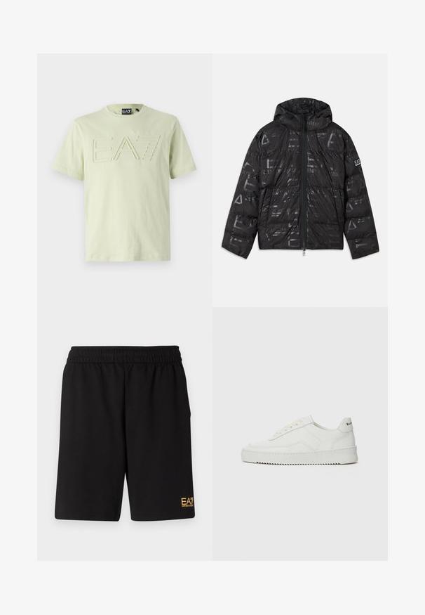 Juodas pūkinis švarkas su blizgiu, raštuotu paviršiumi. turi priekines užtrauktuką, reguliuojamą kapučą ir logotipo akcentus ant rankovės.; Šviesiai žalias trumpomis rankovėmis marškinėliai su iškilniu "EA7" logotipu priekyje, pagaminti iš minkštos medžiagos su lygiu paviršiumi. Paprastas dizainas.; Juoda sportinė šortai, pagaminti iš minkštos medžiagos, su elastingu diržu ir maža geltona EA7 logo apatinėje kairėje kojoje.; Balti odiniai sportiniai bateliai su lygia apdaila, apvaliu pirštu, plokščiais raišteliais ir tekstūruotu padu. Pasižymi subtiliu logotipu ant kulno.