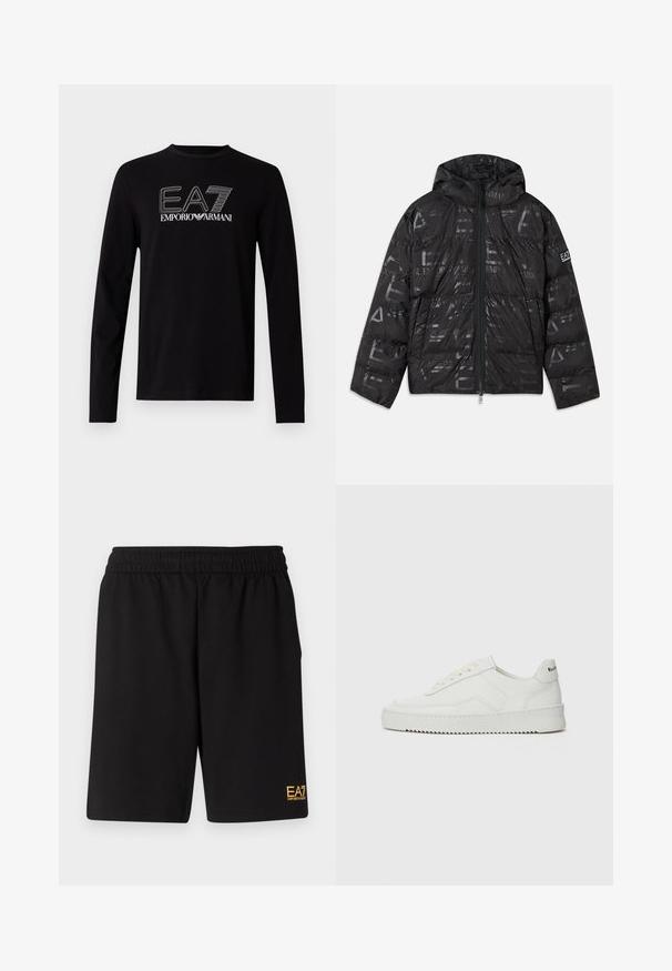 Crna jakna od puha s sjajnim, uzorkovanim završetkom. Ima prednji patentni zatvarač, kapuljaču sakožicom i logo detalje na rukavu.; Crna dugih rukava majica s okruglim izrezom, s bijelim grafičkim natpisom "EA7 EMPORIO ARMANI" sprijeda.; Crne atletske kratke hlače od mekanog materijala, s elastičnim pojasom i malim žutim EA7 logotipom na donjoj lijevoj nozi.; Bijele kožne tenisice s glatkom površinom, okruglim vrhom, ravnim vezicama i teksturiranom potplatom. Imaju suptilan logo na peti.