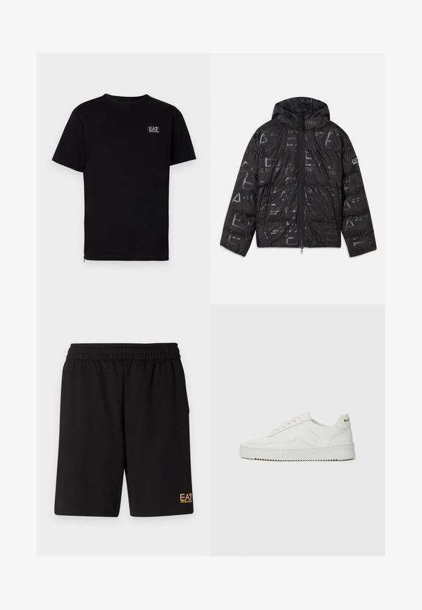 Melnā pūkainā jaka ar spīdīgu, rakstainu apdari. Aprīkota ar priekšējo rāvējslēdzēju, regulējamu kapuci un logotipu uz piedurknes.; Melnas kokvilnas t-krekls ar īsām piedurknēm, apaļu kakla izgriezumu un mazu taisnstūra logotipu kreisajā krūtī. Vienkāršs dizains, bez rakstiem.; Melnas sporta šortus, kas izgatavoti no mīksta auduma, ar elastīgu jostu un mazu dzeltenu EA7 logo zem kreisā kājas stūra.; Baltas ādas sneakers ar gludu virsmu, apaļu pirkstu daļu, plakaniem šņorēm un teksturētu zoli. Satur diskrētu logotipu uz papēža.