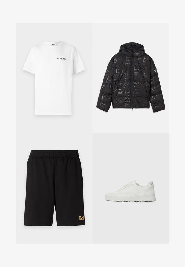 Fekete puffer kabát fényes, mintás felülettel. Elülső cipzárral, állítható kapucnival és logóval díszített ujjal rendelkezik.; Fehér pamut póló kerek nyakkal, a bal mellkasi részen egy apró fekete grafikai felirattal: "LA VEDDITA".; Fekete sportnadrág puha anyagból, rugalmas derékkal és egy kis sárga EA7 logóval a bal alsó lábszáron.; Fehér bőr sportcipő sima felülettel, kerek orral, lapos fűzőkkel és texturált talppal. Finom logó található a sarokon.