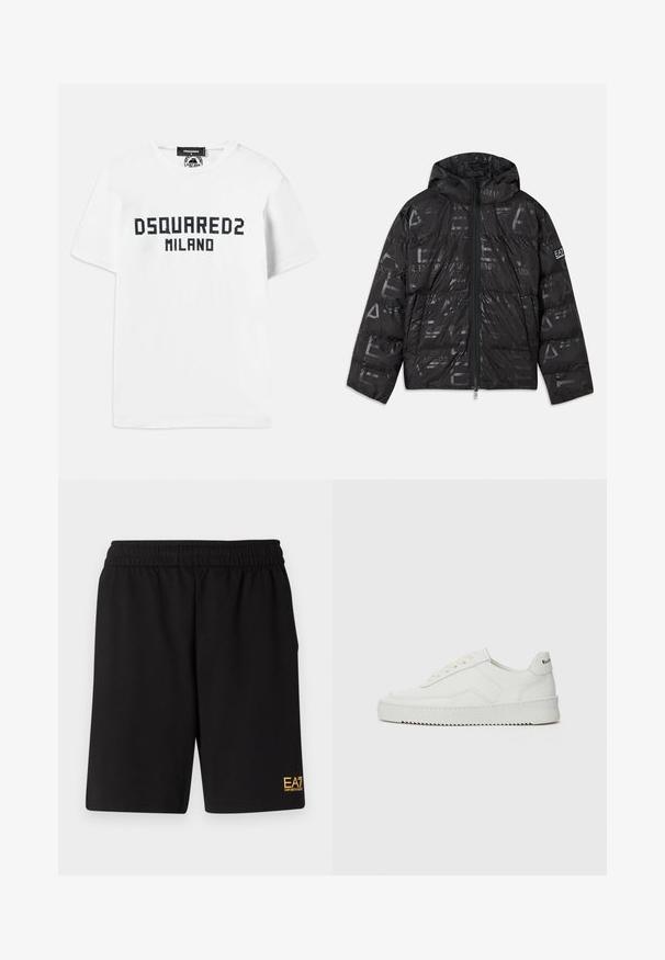 Black puffer jacket with a glossy, patterned finish. Features a front zipper, drawstring hood, and logo accents on the sleeve.; Dsquared2 COOL FIT TEE - Print T-shirt - white/dark navy; Black athletic shorts made of soft fabric,Featuring an elastic waistband and a small yellow EA7 logo on the lower left leg.; White leather sneaker with a smooth finish, round toe, flat laces, and a textured sole. Features a subtle logo on the heel.