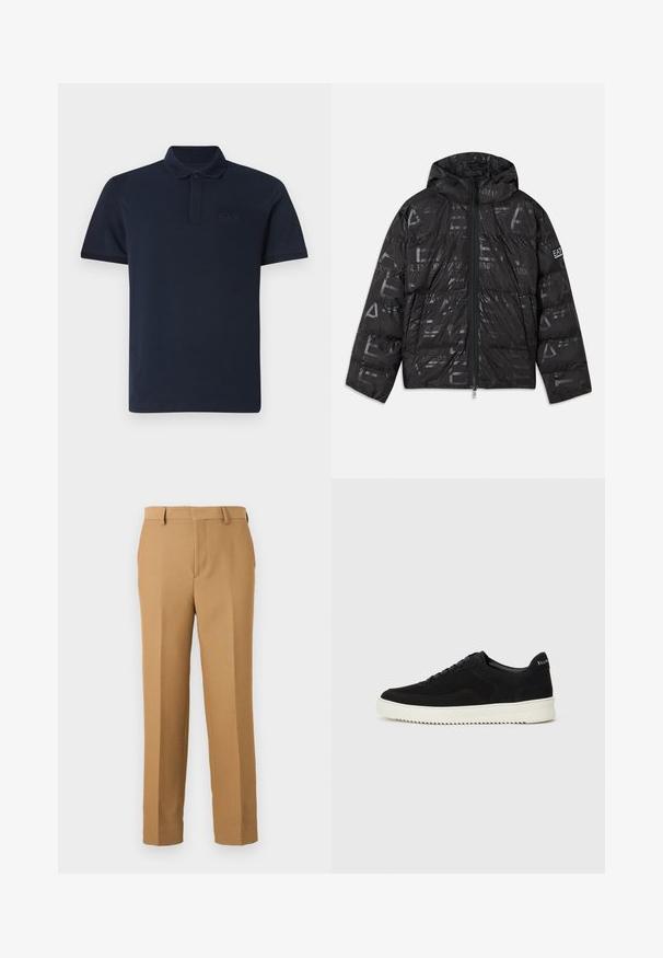 Μαύρο πλάγιο μπουφάν με γυαλιστερή, μοτίβο υφή. Διαθέτει μπροστινό φερμουάρ, κουκούλα με κορδόνι και λογότυπο στα μανίκια.; Ναυτικό polo μπλουζάκι από βαμβάκι με γιακά, κοντά μανίκια και διακριτό λογότυπο EA7 στο στήθος. Απαλή υφή και κλασική εφαρμογή.; Μπεζ παντελόνι από υφαντό ύφασμα, με ίσια γραμμή, επίπεδο μπροστινό μέρος και βρόχους ζωνάκι. Λείο υφάδι χωρίς ορατά σχέδια.; Μαύρο σουέτ αθλητικό παπούτσι με σχέδιο κορδονιών και λευκή λαστιχένια σόλα σε αντίθεση. Διαθέτει υφαντές πλαϊνές πάνελ και διακριτική σήμανση στην φτέρνα.