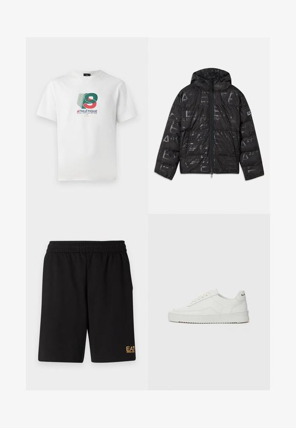 Černá péřová bunda s lesklým, vzorovaným povrchem. Obsahuje přední zip, kapuci se stahovací šňůrou a logové detaily na rukávu.; Bílý bavlněný T-shirt s barevným grafickým designem a textem "ATHLÉTIQUE" a jmény měst v červených, zelených a modrých akcentacích.; Černé sportovní šortky vyrobené z měkké látky, s elastickým pasem a malým žlutým logem EA7 na dolní části levé nohy.; Bílé kožené tenisky s hladkým povrchem, kulatou špičkou, plochými tkaničkami a texturovanou podrážkou. Na patě se nachází nenápadné logo.