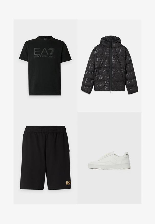 Černá péřová bunda s lesklým, vzorovaným povrchem. Obsahuje přední zip, kapuci se stahovací šňůrou a logové detaily na rukávu.; Černé tričko s krátkým rukávem z bavlny, s vyraženými logy EA7 a Emporio Armani na přední straně, kulatý výstřih a standardní střih.; Černé sportovní šortky vyrobené z měkké látky, s elastickým pasem a malým žlutým logem EA7 na dolní části levé nohy.; Bílé kožené tenisky s hladkým povrchem, kulatou špičkou, plochými tkaničkami a texturovanou podrážkou. Na patě se nachází nenápadné logo.