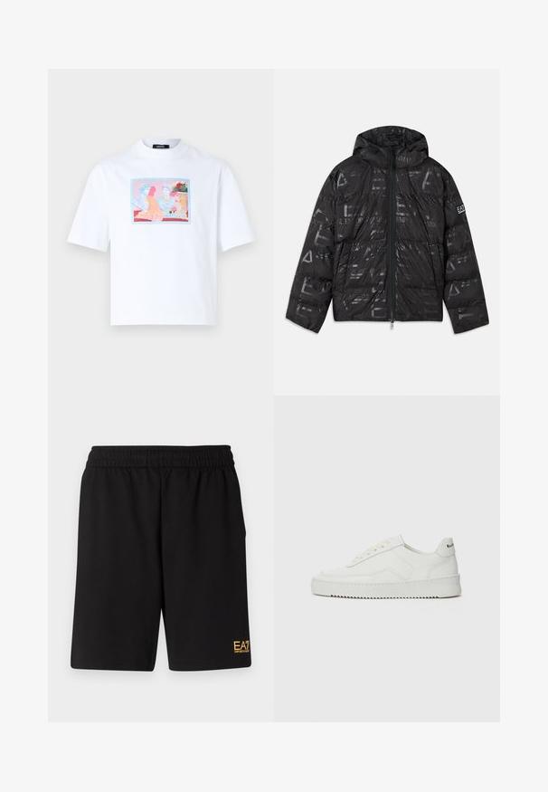 Čierna bunda s páperovým vzhľadom a lesklým, vzorovaným povrchom. Obsahuje predný zips, kapucňu so šnúrkou a logo akcenty na rukáve.; Biela bavlnená tričko s farebnou potlačou klasických postáv v obdĺžnikovom ráme na prednej strane. Krátke rukávy a voľný strih.; Čierne športové šortky vyrobené z jemného materiálu, s elastickým pásom a malým žltým logom EA7 na dolnej ľavej nohe.; Biele kožené tenisky s hladkým povrchom, okrúly špičkový dizajn, ploché šnúrky a textúrovaná podrážka. Obsahujú jemné logo na päte.