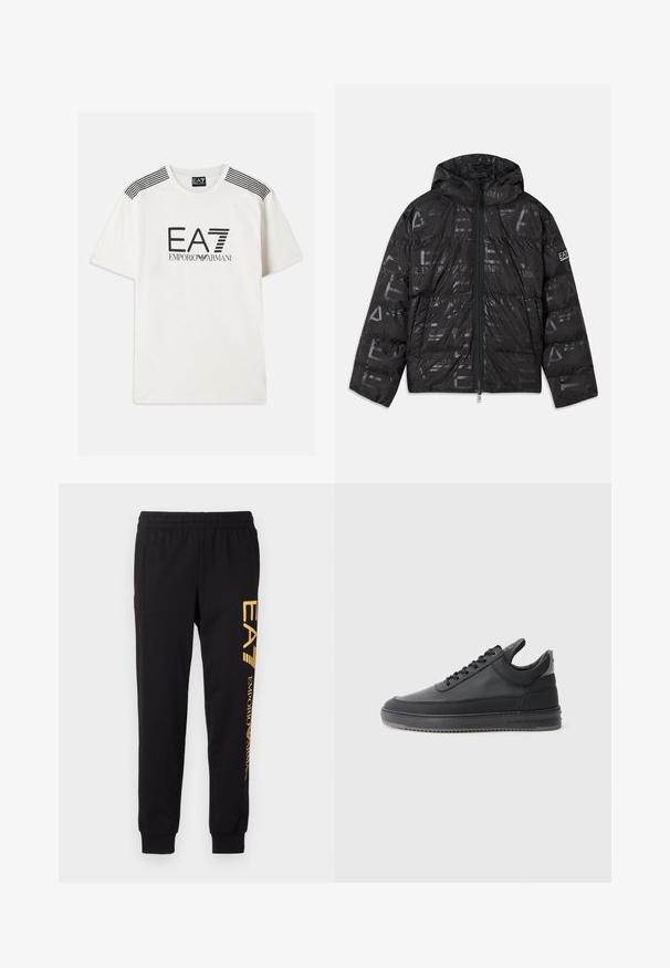 Μαύρο πλάγιο μπουφάν με γυαλιστερή, μοτίβο υφή. Διαθέτει μπροστινό φερμουάρ, κουκούλα με κορδόνι και λογότυπο στα μανίκια.; Λευκό μπλουζάκι από βαμβάκι με μαύρο λογότυπο "EA7 EMPORIO ARMANI". Διαθέτει μαύρες ρίγες στους ώμους και κανονικό σχεδιασμό λαιμόκοψης.; Μαύρες φόρμες από μαλακό ύφασμα, με ελαστική μέση και μανσέτες στους αστραγάλους. Κίτρινη επωνυμία εκτυπωμένη κατακόρυφα στο αριστερό πόδι.; Μαύρα δερμάτινα αθλητικά παπούτσια με υφή, σχέδιο με κορδόνια, χαμηλό σχέδιο και γκρι καουτσούκ σόλα με ραβδωτή άκρη.