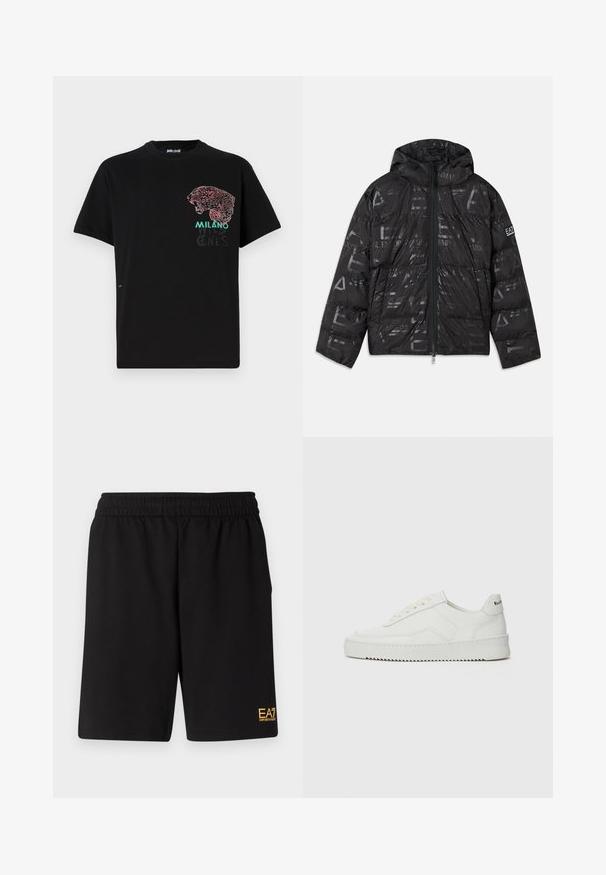 Juodas pūkinis švarkas su blizgiu, raštuotu paviršiumi. turi priekines užtrauktuką, reguliuojamą kapučą ir logotipo akcentus ant rankovės.; Juodas medvilninis marškinėlis su raudonu ir rožiniu leopardų grafikos spaudiniu ant priekio, su tekstu "MILANO" ir "WILD ONES" žalia spalva. Įprastas tinkamas.; Juoda sportinė šortai, pagaminti iš minkštos medžiagos, su elastingu diržu ir maža geltona EA7 logo apatinėje kairėje kojoje.; Balti odiniai sportiniai bateliai su lygia apdaila, apvaliu pirštu, plokščiais raišteliais ir tekstūruotu padu. Pasižymi subtiliu logotipu ant kulno.