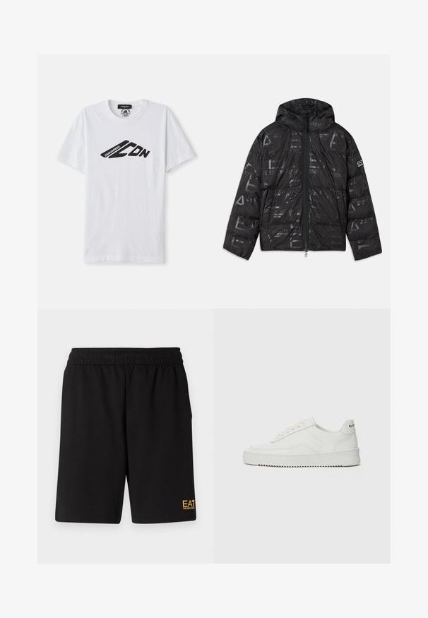 Veste matelassée noire avec une finition brillante et à motifs. Dotée d'une fermeture éclair à l'avant, d'une capuche avec cordon de serrage et d'accents de logo sur la manche.; T-shirt en coton blanc à manches courtes et col rond. Présente un logo graphique noir, "DSQUARED2 CDN," sur la poitrine.; Shorts de sport noirs en tissu doux, avec une taille élastique et un petit logo jaune EA7 sur le bas de la jambe gauche.; Baskets en cuir blanc avec une finition lisse, bout arrondi, lacets plats et semelle texturée. Présente un logo discret sur le talon.
