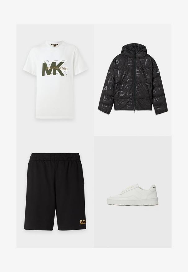Črna napihnjena jakna z sijočim, vzorčastim zaključkom. Ima sprednji zadrgo, kapuco s vrvico in logotipne detajle na rokavu.; Bela kratka majica s kratkim rukavima s preklopljenim zelenim i obrisanim MK slovima te tekstom "MICHAEL KORS" preko prsa.; Črne športne kratke hlače iz mehkega blaga, z elastičnim pasom in majhnim rumenim logotipom EA7 na spodnjem levem delu noge.; Bela usnjena športna obutev z gladko površino, okroglo prst, ravne vezalke in teksturiran podplat. Ima diskretno logo na peti.