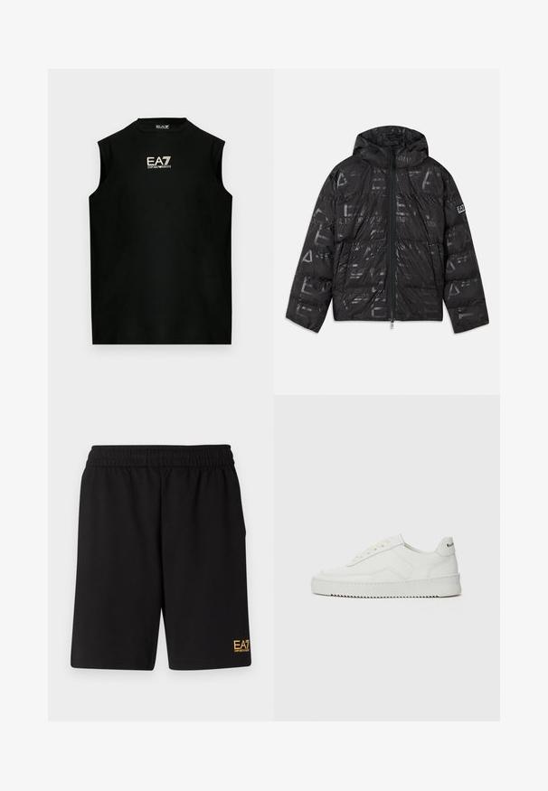 Črna napihnjena jakna z sijočim, vzorčastim zaključkom. Ima sprednji zadrgo, kapuco s vrvico in logotipne detajle na rokavu.; Črna brezrokavnik iz bombaža z okroglim izrezom in vezenim zlatim logotipom EA7 spredaj. Gladek sijaj.; Črne športne kratke hlače iz mehkega blaga, z elastičnim pasom in majhnim rumenim logotipom EA7 na spodnjem levem delu noge.; Bela usnjena športna obutev z gladko površino, okroglo prst, ravne vezalke in teksturiran podplat. Ima diskretno logo na peti.