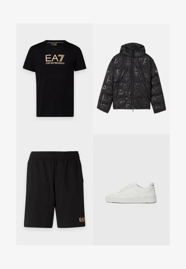Černá péřová bunda s lesklým, vzorovaným povrchem. Obsahuje přední zip, kapuci se stahovací šňůrou a logové detaily na rukávu.; Černé tričko s krátkým rukávem vyrobené z bavlny s kulatým výstřihem. Na přední straně se nachází zlaté logo EA7 Emporio Armani.; Černé sportovní šortky vyrobené z měkké látky, s elastickým pasem a malým žlutým logem EA7 na dolní části levé nohy.; Bílé kožené tenisky s hladkým povrchem, kulatou špičkou, plochými tkaničkami a texturovanou podrážkou. Na patě se nachází nenápadné logo.