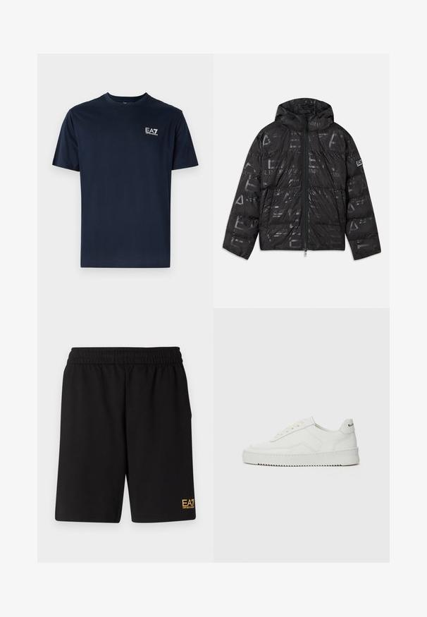 Melnā pūkainā jaka ar spīdīgu, rakstainu apdari. Aprīkota ar priekšējo rāvējslēdzēju, regulējamu kapuci un logotipu uz piedurknes.; Tumši zila kokvilnas T-krekls ar īsām piedurknēm, apaļu kakla izgriezumu un EA7 logotipu augšējā kreisajā stūrī baltā krāsā. Gluda tekstūra, ikdienišķs dizains.; Melnas sporta šortus, kas izgatavoti no mīksta auduma, ar elastīgu jostu un mazu dzeltenu EA7 logo zem kreisā kājas stūra.; Baltas ādas sneakers ar gludu virsmu, apaļu pirkstu daļu, plakaniem šņorēm un teksturētu zoli. Satur diskrētu logotipu uz papēža.