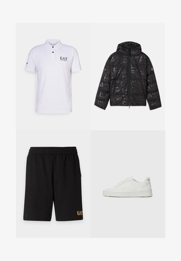 Juodas pūkinis švarkas su blizgiu, raštuotu paviršiumi. turi priekines užtrauktuką, reguliuojamą kapučą ir logotipo akcentus ant rankovės.; Baltas polo marškinėliai iš tekstūruotos medžiagos, turintys dviejų mygtukų užsegimą, juodą EA7 logotipą krūtinėje ir trumpas rankoves su akcento detale.; Juoda sportinė šortai, pagaminti iš minkštos medžiagos, su elastingu diržu ir maža geltona EA7 logo apatinėje kairėje kojoje.; Balti odiniai sportiniai bateliai su lygia apdaila, apvaliu pirštu, plokščiais raišteliais ir tekstūruotu padu. Pasižymi subtiliu logotipu ant kulno.