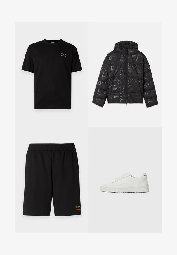 Svart puffjacka med en blank, mönstrad yta. Har en framsida med dragkedja, justerbar huva och logotypdetaljer på ärmen.; Svart bomullströja med korta ärmar, med en liten gul broderad logotyp på vänster bröstområde. Klassisk design med rund halsringning.; Svarta träningsshorts i mjukt tyg, med ett elastiskt midjeband och en liten gul EA7-logotyp på nedre vänstra benet.; Vita lädersneakers med en jämn yta, rund tå, platta snörningar och en strukturerad sula. Har en diskret logotyp på hälen.