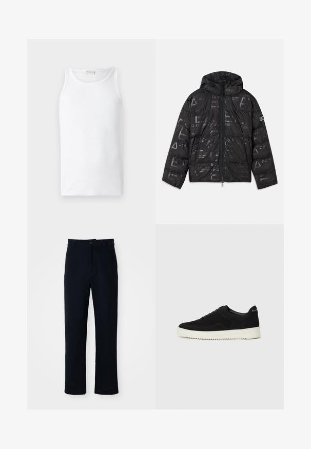Svart puffjacka med en blank, mönstrad yta. Har en framsida med dragkedja, justerbar huva och logotypdetaljer på ärmen.; Vit linne, tillverkat av ribbat bomullstyg, med rundad halsringning och utan ärmar, slät yta och inga synliga mönster.; Mörkblå bomullsbyxor med rak bendesign, frontknappstängning och klassisk midja med bälteshällor.; Svarta mockaskor med snörningsdesign och kontrasterande vita gummisulor. Har texturerade sidopaneler och diskret branding på hälen.