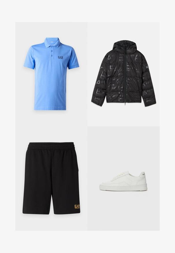 Svart puffjacka med en blank, mönstrad yta. Har en framsida med dragkedja, justerbar huva och logotypdetaljer på ärmen.; Ljusblå polo tshirt i mjuk bomull. Har en krage, tre knappar fram och en svart EA7-logotyp på bröstet.; Svarta träningsshorts i mjukt tyg, med ett elastiskt midjeband och en liten gul EA7-logotyp på nedre vänstra benet.; Vita lädersneakers med en jämn yta, rund tå, platta snörningar och en strukturerad sula. Har en diskret logotyp på hälen.