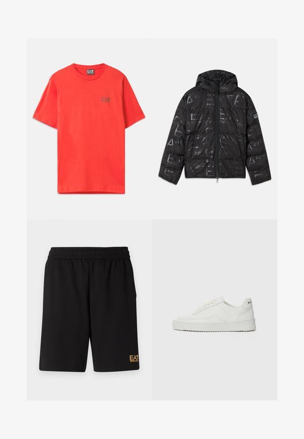 Casaco puffer preto com um acabamento brilhante e estampado. Apresenta um fecho frontal, capuz com cordão e detalhes de logótipo na manga.; T-shirt de algodão vermelho com mangas curtas, apresentando um pequeno logótipo EA7 em preto na área do peito esquerdo, gola clássica em crew.; Calções desportivos pretos feitos de um tecido suave, com um cós elástico e um pequeno logótipo amarelo EA7 na parte inferior da perna esquerda.; Sapatilha de couro branco com acabamento suave, bico redondo, atacadores planos e uma sola texturizada. Apresenta um logotipo discreto no calcanhar.