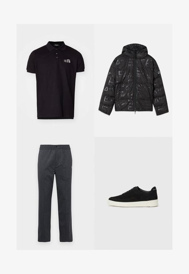 Crna jakna od puha s sjajnim, uzorkovanim završetkom. Ima prednji patentni zatvarač, kapuljaču sakožicom i logo detalje na rukavu.; Crna polo majica od mješavine pamuka s klasičnim ovratnikom, tri gumba i bijelim "ICON" natpisom na lijevoj strani prsnog koša. Glatka tekstura, kratki rukavi.; Tamno sivi hlače ravnog kroja s elastičnim pojasom, prednjim kopčanjem na dugme i suptilnom izvezenom detalju s desne strane.; Crne nubuk tenisice s vezanjem i kontrastnom bijelom gumenom potplatom. Imaju teksturirane bočne panele i suptilno brendiranje na peti.