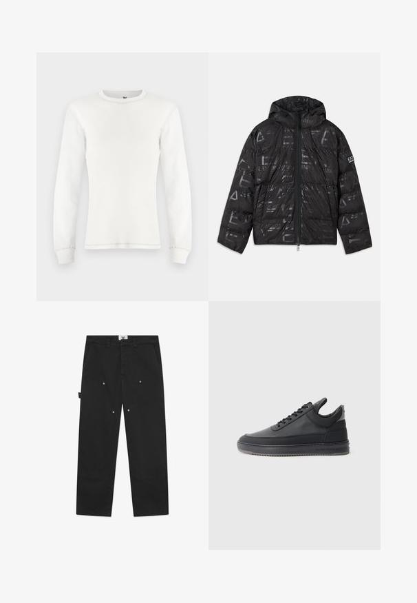 Fekete puffer kabát fényes, mintás felülettel. Elülső cipzárral, állítható kapucnival és logóval díszített ujjal rendelkezik.; Fehér, hosszú ujjú hőszigetelő póló bordás textúrával, kerek nyakkivágással és bírtokon csuklókkal. Tiszta, letisztult design semleges színben.; A fekete pamut nadrág egyenes szabású, szembetűnő varrással, oldalzsebekkel és fém nyomógombos részletekkel a frontpanelekon.; Fekete bőr sportcipő, textúrázott felülettel, fűzős dizájnnal, alacsony szárú kivitelben, szürke gumi talppal, mely bordázott peremmel rendelkezik.