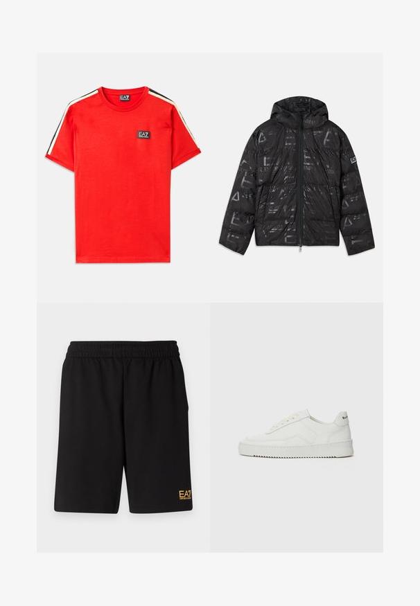 Črna napihnjena jakna z sijočim, vzorčastim zaključkom. Ima sprednji zadrgo, kapuco s vrvico in logotipne detajle na rokavu.; Rde majica iz bombaža s kratkimi rokavi in okroglim ovratnikom, ki ima na prsih majhen črn logo EA7 ter kontrastne črne in bež črte na rokavih.; Črne športne kratke hlače iz mehkega blaga, z elastičnim pasom in majhnim rumenim logotipom EA7 na spodnjem levem delu noge.; Bela usnjena športna obutev z gladko površino, okroglo prst, ravne vezalke in teksturiran podplat. Ima diskretno logo na peti.