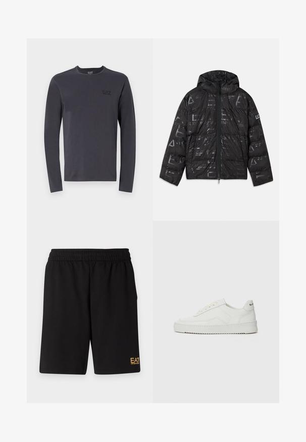 Juodas pūkinis švarkas su blizgiu, raštuotu paviršiumi. turi priekines užtrauktuką, reguliuojamą kapučą ir logotipo akcentus ant rankovės.; Ilgų rankovių marškiniai tamsiai pilkos spalvos, su apvalia iškirpte, minkšta medžiaga ir mažas juodas logotipas ant krūtinės. Paprastas dizainas, be raštų.; Juoda sportinė šortai, pagaminti iš minkštos medžiagos, su elastingu diržu ir maža geltona EA7 logo apatinėje kairėje kojoje.; Balti odiniai sportiniai bateliai su lygia apdaila, apvaliu pirštu, plokščiais raišteliais ir tekstūruotu padu. Pasižymi subtiliu logotipu ant kulno.