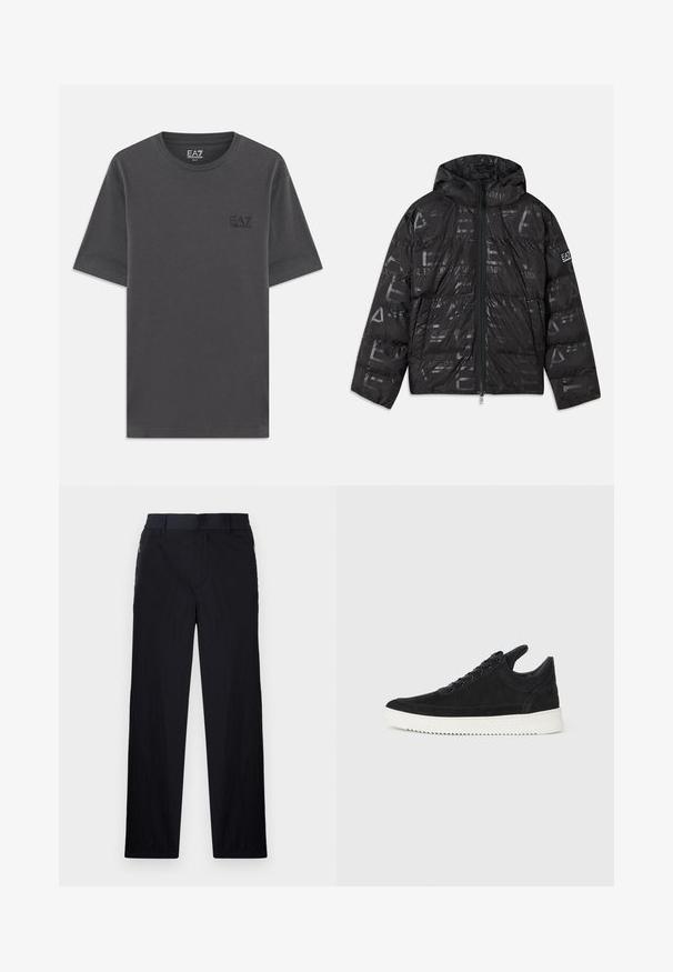 Čierna bunda s páperovým vzhľadom a lesklým, vzorovaným povrchom. Obsahuje predný zips, kapucňu so šnúrkou a logo akcenty na rukáve.; Tmavošedé bavlnené tričko s krátkymi rukávmi, v bežnom strihu, a malým čiernym logom EA7 na ľavej hrudi. Hladká textúra, klasický okrúhly výstrih.; Čierne nohavice z ľahkého textúrovaného materiálu, s priamym strihom, elastickým pásom a bočnými zipsovými vreckami.; čierne semišové tenisky s bielou gumovou podrážkou, s tonálnym prešívaním a šnurovaním. Hladká textúra s moderným, zjednodušeným tvarom.