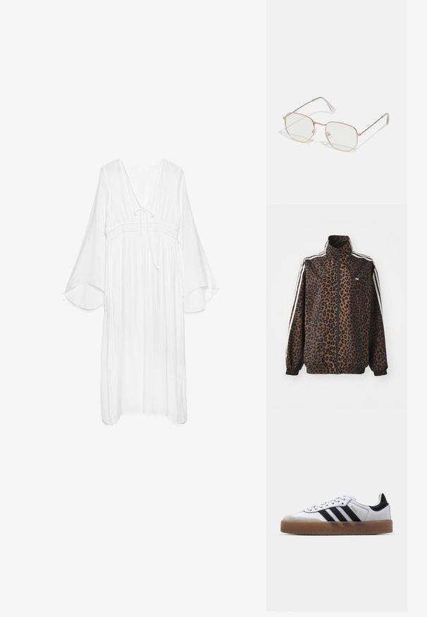 Kurtka zapinana na zamek w panterkę w odcieniach brązu i czerni, z białymi paskami po bokach, wysokim kołnierzem oraz elastycznymi mankietami i dołem. Gładki, syntetyczny materiał.; Biała, lekka sukienka z dekoltem w serek, marszczonym w pasie i zwiewnymi dzwonowymi rękawami. Teksturowana tkanina z detalem wiązania przy szyi.; Białe skórzane sneakersy z czarnymi paskami, gumowa podeszwa, okrągły czubek, sznurowane zapięcie oraz miękką szaro-suede'ową osłonę czubka.; Prostokątne okulary z cienką, różowo-złotą metalową ramą. Przezroczyste soczewki, przezroczyste końcówki zauszników i delikatne zdobienia wokół soczewek.; Biała torebka z gładką, błyszczącą powierzchnią, zakrzywionym kształtem i jednym regulowanym paskiem. Posiada wytłoczone logo z przodu.