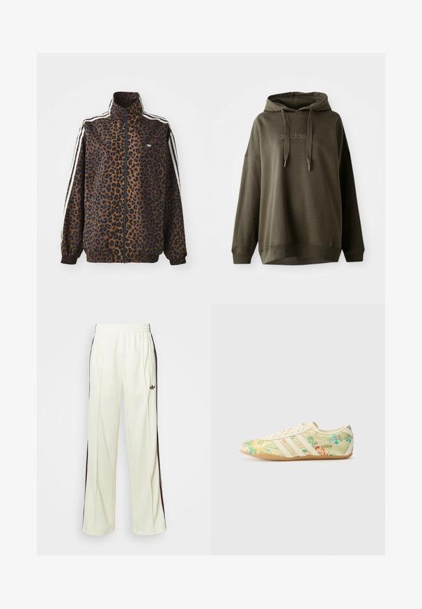 Leopardmönstrad zipjacka i brunt och svart, med vita sidostråk, hög krage och elastiska muddar och nederkant. Slätt, syntetiskt material.; Mörk olivgrön hoodie i mjuk bomullsblandning, med en framställd känguruficka, dragsko i huva och präglad logotyp på bröstet.; Krämfärgade sweatpants med avslappnad passform, som har mörkbruna sidosträck och en broderad logotyp på vänster lår.; adidas Originals TOKYO X LIBERTY LONDON - Sneakers - cream white/gold-coloured/gum