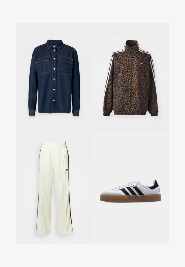 Giacca zip con stampa leopardata in marrone e nero, con strisce bianche ai lati, colletto alto e polsi e orlo elasticizzati. Materiale sintetico liscio.; Camicia in denim scuro con collo, due tasche sul petto e bottoni metallici. Presenta cuciture a contrasto e maniche lunghe con polsini abbottonati.; Pantaloni sportivi color crema con vestibilità rilassata, caratterizzati da strisce laterali marrone scuro e un logo ricamato sulla coscia sinistra.; Sneakers bianchi in pelle con strisce nere, suola in gomma naturale, punta tonda, chiusura con lacci e cappuccio in suede grigio morbido.