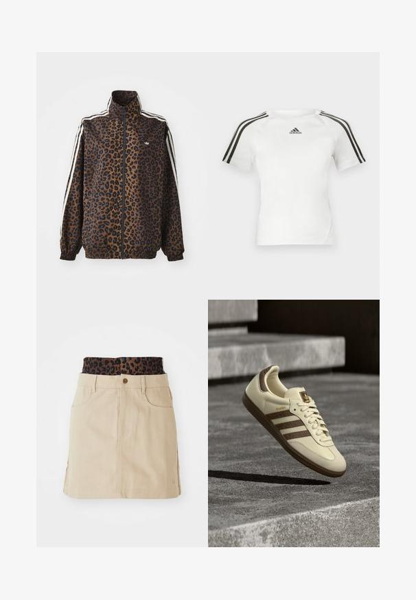 Leopardmönstrad zipjacka i brunt och svart, med vita sidostråk, hög krage och elastiska muddar och nederkant. Slätt, syntetiskt material.; Vit kortärmad träningsskjorta med svart tre-stripes design på axlarna, slät textur och en liten svart adidas-logotyp på bröstet.; Beige denimkjol med ett brunt leopardmönster i elastisk midja, framfickor och rak skärning, med synliga sömmar.; Kritfärgad sneaker med bruna detaljer, strukturerade sidostrippar och en slät läderfinish. Har snörning och gummisula.