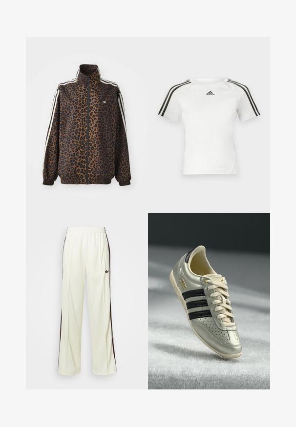 Kurtka zapinana na zamek w panterkę w odcieniach brązu i czerni, z białymi paskami po bokach, wysokim kołnierzem oraz elastycznymi mankietami i dołem. Gładki, syntetyczny materiał.; Biała sportowa koszulka z krótkim rękawem z czarnym wzorem trzech pasków na ramionach, gładka faktura i małe czarne logo adidas na piersi.; Kremowe dresy o luźnym kroju, z ciemnobrązowymi paskami po bokach i wyhaftowanym logo na lewej udzie.; Jasnoszare skórzane sneakersy z czarnymi paskami, perforowanymi detalami, beżowymi sznurowadłami i złotą naszywką z logo. Teksturowana gumowa podeszwa.