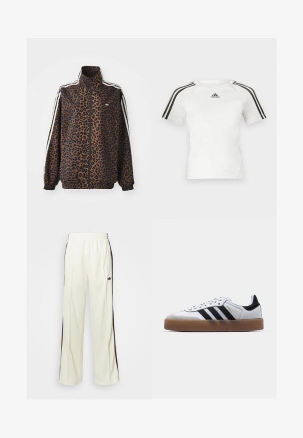 Kurtka zapinana na zamek w panterkę w odcieniach brązu i czerni, z białymi paskami po bokach, wysokim kołnierzem oraz elastycznymi mankietami i dołem. Gładki, syntetyczny materiał.; Biała sportowa koszulka z krótkim rękawem z czarnym wzorem trzech pasków na ramionach, gładka faktura i małe czarne logo adidas na piersi.; Kremowe dresy o luźnym kroju, z ciemnobrązowymi paskami po bokach i wyhaftowanym logo na lewej udzie.; Białe skórzane sneakersy z czarnymi paskami, gumowa podeszwa, okrągły czubek, sznurowane zapięcie oraz miękką szaro-suede'ową osłonę czubka.