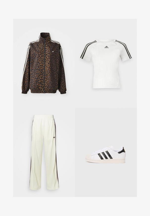 Leopard print zip jacket in brown and black, featuring white side stripes, high collar, and elastic cuffs and hem. Smooth, synthetic material.; White short-sleeve athletic shirt with black three-stripe design on shoulders, smooth texture, and a small black adidas logo on the chest.; Cream-colored sweatpants with a relaxed fit, featuring dark brown side stripes and an embroidered logo on the left thigh.; White sneaker with black textured stripes and accents; features a rubber toe cap, flat laces, and cushioning around the ankle.