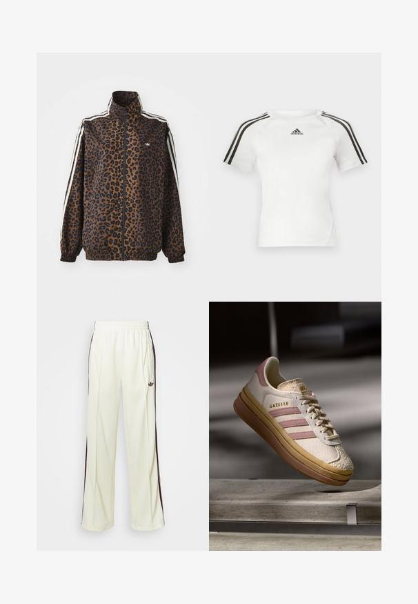 Jakna s uzorkom leoparda u smeđoj i crnoj boji, s bijelim bočnim trakama, visokim okovratnikom i elastičnim manžetama i rubom. Glatki, sintetički materijal.; Bijela atletska majica kratkih rukava s crnim trostrukim dizajnom na ramenima, glatke teksture i malim crnim adidas logom na prsima.; Kremaste trenerke s opuštenim krojem, s tamno smešnim bočnim prugama i izvezenim logom na levom bedru.; Bijele suede tenisice s ružičastim naglascima, koje imaju tri pruge i zlatni logo. Tekstuirani vrh cipele i smeđi gumeni potplat. Klasičan dizajn.