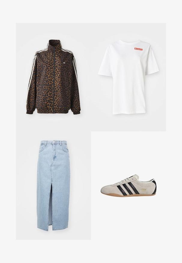 Svetřík se zebrovaným potiskem v hnědé a černé barvě, s bílými postranními pruhy, vysokým límcem a elastickými manžetami a lemem. Hladký syntetický materiál.; Bílý bavlněný tričko s krátkými rukávy a kulatým výstřihem, s malým červeným logem Columbia na levé části hrudi.; Světle modrá džínová sukně s předním rozparkem, poutky na pásek a klasickým pěti-kapsovým designem. Hladká textura s čistým povrchem.; Semišové tenisky s šedým svrškem, černými pruhy a gumovou podrážkou. Mají šněrování a zlatý detail loga na boku.