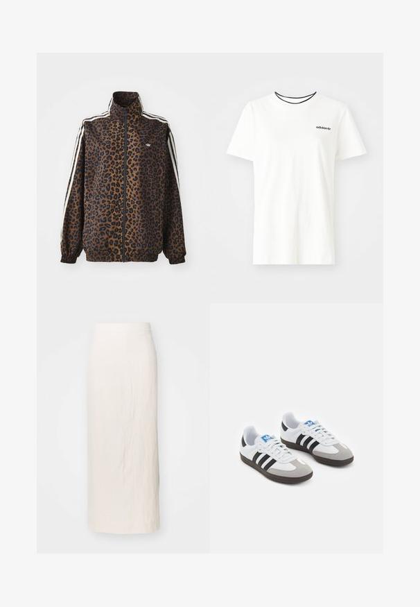 Leopardenmuster-Reißverschlussjacke in Braun und Schwarz, mit weißen Seitenstreifen, hohem Kragen und elastischen Bündchen und Saum. Glattes, synthetisches Material.; Weißes Baumwoll-T-Shirt mit kurzen Ärmeln und rundem Halsausschnitt. Mit einem schwarzen Adidas-Logo auf der Brust und einem kontrastierenden schwarzen Innenkragen.; Cremfarbener Leinenrock mit gerader Silhouette in knie-langer Länge. Verfügt über einen schlichten Bund und eine subtile Textur. Keine sichtbaren Beschläge oder Akzente.; Sportschuhe mit einem Obermaterial aus weißem Leder, grauer Wildleder-Zehenkappe und drei schwarzen Streifen. Sie verfügen über ein blaues Logo auf der Zunge und eine strukturierte Gummisohle.