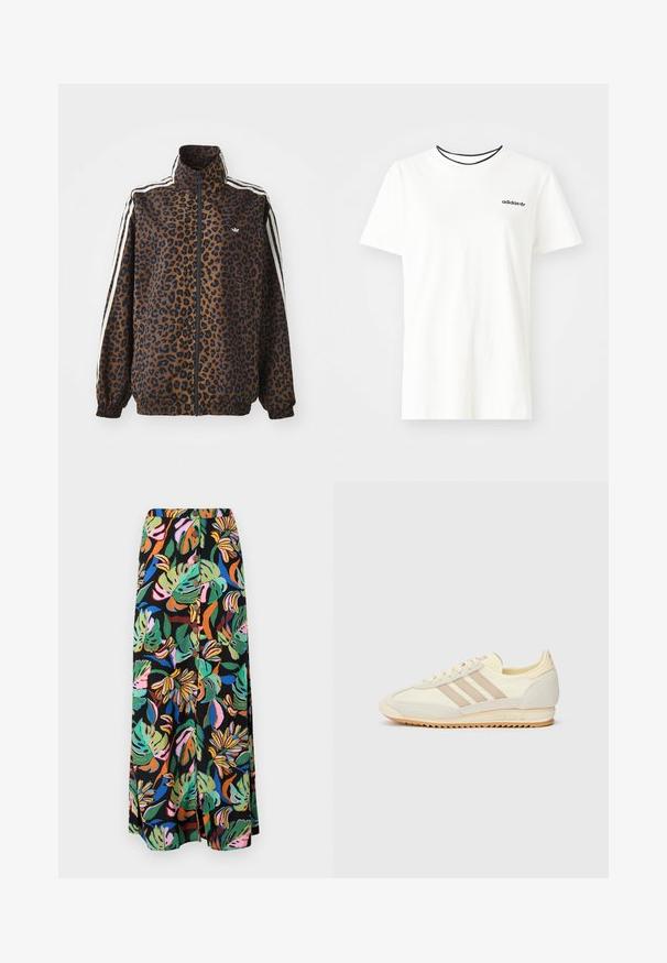 Leopard print zip jacket in brown and black, featuring white side stripes, high collar, and elastic cuffs and hem. Smooth, synthetic material.; White cotton t-shirt with short sleeves and a round neckline. Features a black Adidas logo on the chest and a contrasting black inner collar.; Maxi skirt featuring a vibrant tropical leaf and flower pattern in green, pink, orange, and blue on a black background, with button details.; Cream athletic sneaker featuring three beige stripes, suede and textile materials, a textured sole, and embossed branding on the heel.