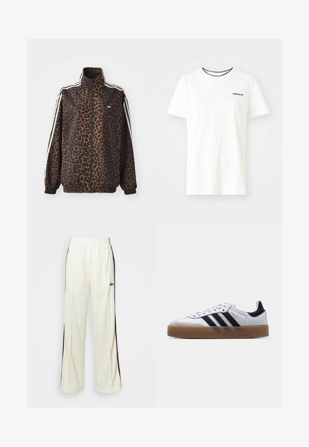 Giacca zip con stampa leopardata in marrone e nero, con strisce bianche ai lati, colletto alto e polsi e orlo elasticizzati. Materiale sintetico liscio.; T-shirt bianca in cotone con maniche corte e scollatura rotonda. Presenta un logo Adidas nero sul petto e un colletto interno a contrasto nero.; Pantaloni sportivi color crema con vestibilità rilassata, caratterizzati da strisce laterali marrone scuro e un logo ricamato sulla coscia sinistra.; Sneakers bianchi in pelle con strisce nere, suola in gomma naturale, punta tonda, chiusura con lacci e cappuccio in suede grigio morbido.