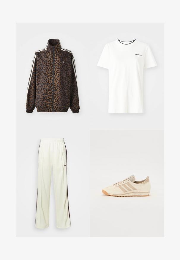 Lepardmønstret zip-jakke i brun og sort, med hvide sidelister, høj krave og elastiske manchetter og kant. Glat, syntetisk materiale.; Hvit bomull t-skjorte med korte ermer og rund hals. Har en svart Adidas-logo på brystet og en kontrasterende svart indre krage.; Kremfargede joggebukser med en avslappet passform, som har mørkebrune sidestriper og en brodert logo på venstre lår.; Lys beige idrettssko med mesh-overdel, tre striper og en teksturert gummisåle. Har rund tå og minimalistisk design.