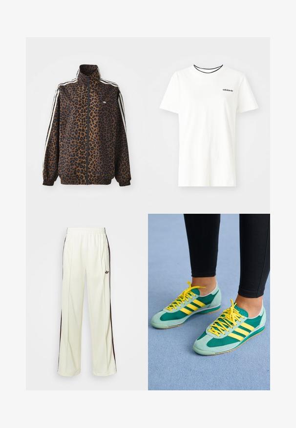 Svetřík se zebrovaným potiskem v hnědé a černé barvě, s bílými postranními pruhy, vysokým límcem a elastickými manžetami a lemem. Hladký syntetický materiál.; Bílý bavlněný tričko s krátkými rukávy a kulatým výstřihem. Má černé logo Adidas na hrudi a kontrastní černý vnitřní límeček.; Krémové tepláky s uvolněným střihem, se šněrováním v tmavě hnědé barvě na bocích a vyšitým logem na levém stehně.; Zelené a tyrkysové sportovní boty se žlutými tkaničkami a třemi žlutými pruhy. Svršek z semiše a síťoviny, gumová podrážka a nízký profil.