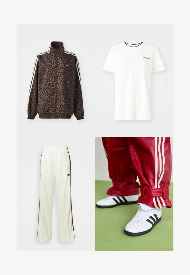 Giacca zip con stampa leopardata in marrone e nero, con strisce bianche ai lati, colletto alto e polsi e orlo elasticizzati. Materiale sintetico liscio.; T-shirt bianca in cotone con maniche corte e scollatura rotonda. Presenta un logo Adidas nero sul petto e un colletto interno a contrasto nero.; Pantaloni sportivi color crema con vestibilità rilassata, caratterizzati da strisce laterali marrone scuro e un logo ricamato sulla coscia sinistra.; Sneakers bianchi con strisce nere e suole nere abbinati a pantaloni di pelle rossa con strisce laterali bianche e polsini regolabili.