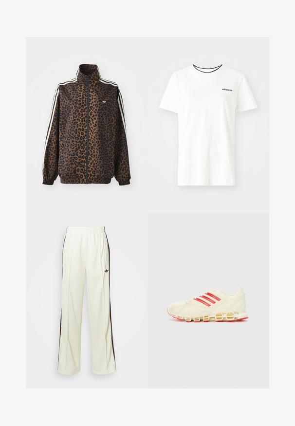 Prindi leopardimustriga jakki pruunis ja mustas, valgete külgtriipudega, kõrge kraega ning elastsete mansettidega ja helkuremadaga. Sile sünteetiline materjal.; Valge puuvillasest t-särgist lühikeste varrukatega ja ümarate kaelustega. Rinnal on must Adidas'i logo ning kontrastne must sisekaelus.; Kreemivärvi lõdvalt istuvad dressipüksid, mis on varustatud tumeda pruuniga külgtriipudega ja vasakul reiel tikitud logoga.; Spordijalatsid, millel on kreemjas valge ülemine osa, küljel punased triibud ja iseloomulik silmuseline tald; võrgumaterjal tagab hingavuse.