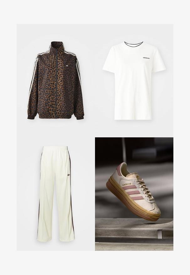 Leopard print zip jacket in brown and black, featuring white side stripes, high collar, and elastic cuffs and hem. Smooth, synthetic material.; White cotton t-shirt with short sleeves and a round neckline. Features a black Adidas logo on the chest and a contrasting black inner collar.; Cream-colored sweatpants with a relaxed fit, featuring dark brown side stripes and an embroidered logo on the left thigh.; White suede sneaker with pink accents, featuring three stripes and a gold logo. Textured toe cap and a brown rubber sole. Classic design.