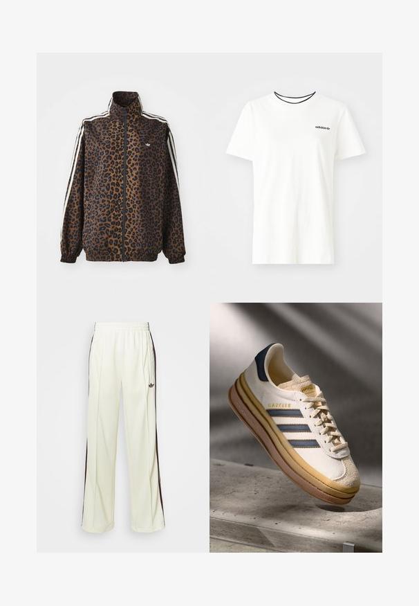 Jasje met luipaardprint in bruin en zwart, met witte zijstrepen, hoge kraag en elastische manchetten en zoom. Gemaakt van glad, synthetisch materiaal.; Witte katoenen t-shirt met korte mouwen en een ronde halslijn. Heeft een zwart Adidas-logo op de borst en een contrasterende zwarte binnenkraag.; Crème-kleurige sweatpants met een relaxte pasvorm, voorzien van donkerbruine zijstrepen en een geborduurd logo op de linkerdij.; Adidas Gazelle sneaker met een crème suède bovenwerk, blauwe leren accenten, drie blauwe strepen, beige tussenzool en een bruine rubberen outsole.