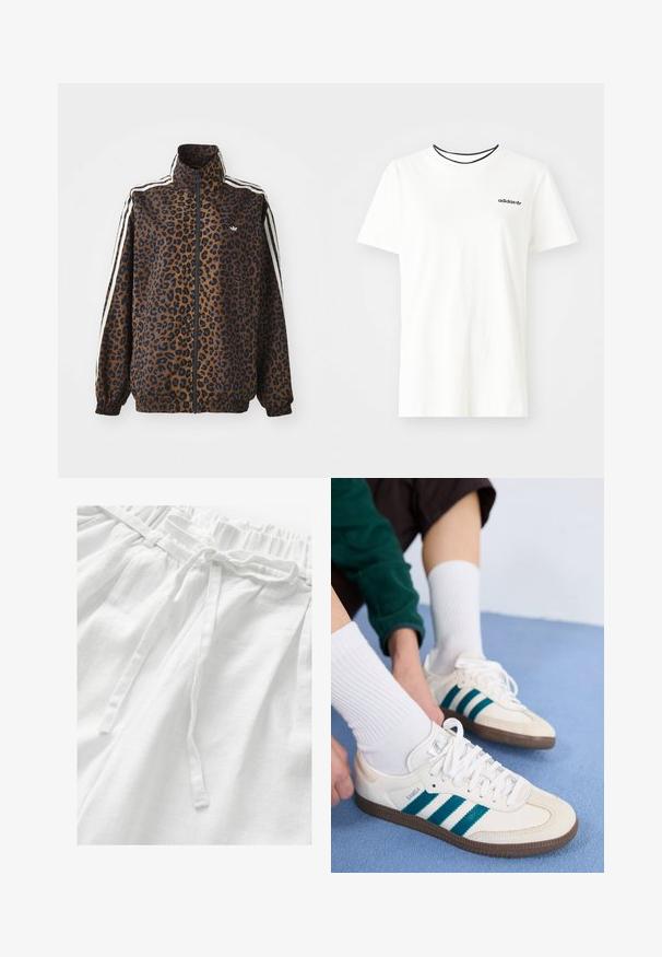 Leopardmönstrad zipjacka i brunt och svart, med vita sidostråk, hög krage och elastiska muddar och nederkant. Slätt, syntetiskt material.; Vit bomullströja med korta ärmar och rund halsringning. Har en svart Adidas-logotyp på bröstet och en kontrasterande svart innerkrage.; Vita linnebyxor med resår i midjan och en matchande dragsko, samt ett mjukt, strukturerat tyg för komfort och andningsförmåga.; Vita atletiska skor med teal-ränder, texturerad ovandel och bruna gummisålar. Kombinerat med vita ribbade strumpor.