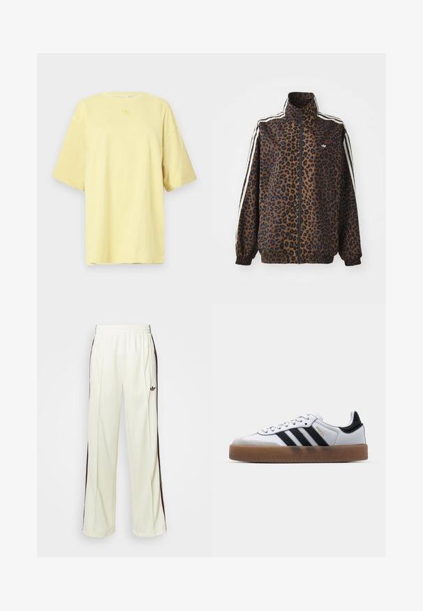 Leopard print zip jacket in brown and black, featuring white side stripes, high collar, and elastic cuffs and hem. Smooth, synthetic material.; Yellow cotton t-shirt with a round neckline and short sleeves. Features a small, tonal logo on the chest. Simple, relaxed fit design.; Cream-colored sweatpants with a relaxed fit, featuring dark brown side stripes and an embroidered logo on the left thigh.; White leather sneakers with black stripes, gum rubber outsole, round toe, lace-up closure, and soft gray suede toe cap.