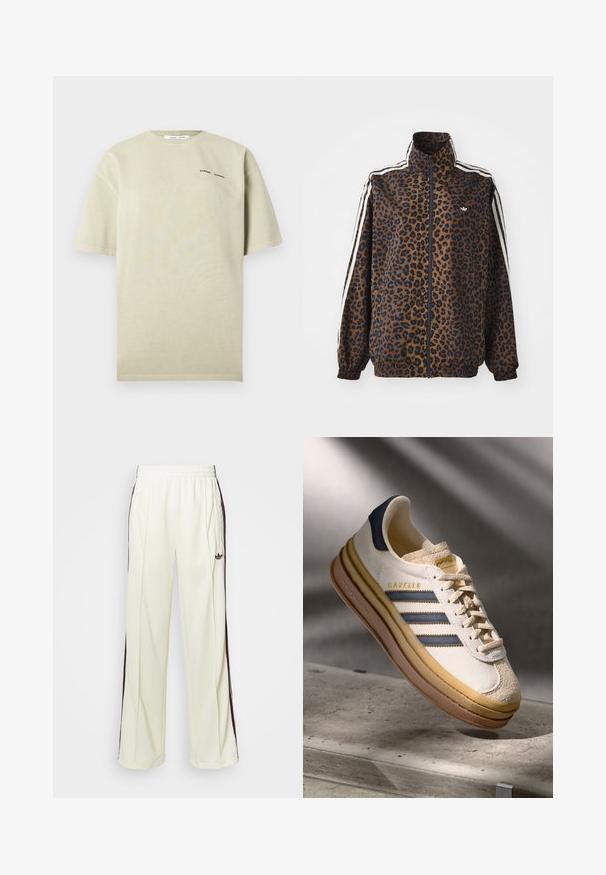 Jakna s uzorkom leoparda u smeđoj i crnoj boji, s bijelim bočnim trakama, visokim okovratnikom i elastičnim manžetama i rubom. Glatki, sintetički materijal.; Svijetlo bež majica prevelikog kroja od mekog pamuka. Ima kratke rukave, okrugli izrez i mali crni tekstualni logo sprijeda.; Kremaste trenerke s opuštenim krojem, s tamno smešnim bočnim prugama i izvezenim logom na levom bedru.; Adidas Gazelle tenisice s kremasto antilop gornjom, plavim kožnim akcentima, tri plave pruge, bež međupotplat i smešani gumeni potplat.