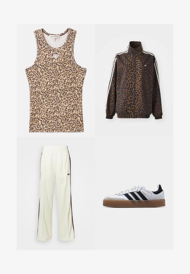 Jasje met luipaardprint in bruin en zwart, met witte zijstrepen, hoge kraag en elastische manchetten en zoom. Gemaakt van glad, synthetisch materiaal.; Leopardprint tanktop in beige en bruin, gemaakt van ribbelstof met een ronde hals en een subtiele geborduurde logo aan de voorkant.; Crème-kleurige sweatpants met een relaxte pasvorm, voorzien van donkerbruine zijstrepen en een geborduurd logo op de linkerdij.; Witte leren sneakers met zwarte strepen, gumrubberen buitenzool, ronde neus, vetersluiting en een zachte grijze suède neuskap.