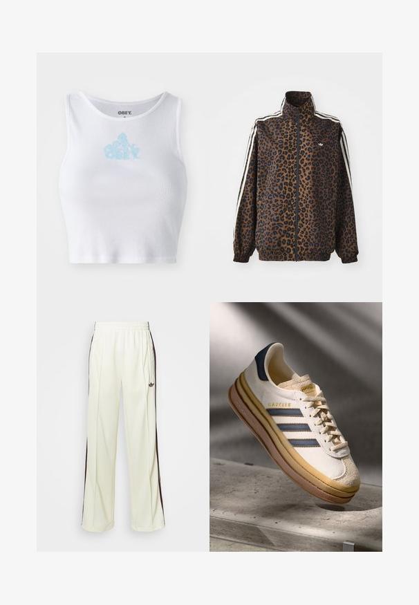 Jakkesæt med leopardprint i brun og sort, med hvide side-striber, høj krave og elastiske ærmer og kant. Glat syntetisk materiale.; Hvid ribbet crop top med rund halsudskæring og et lyseblåt "OBEY" logo centreret på brystet. Glat tekstur og tætsiddende design.; Cremefarvede sweatpants med en afslappet pasform, der har mørkebrune sidelister og et broderet logo på venstre lår.; Adidas Gazelle sneaker med en creme farvet ruskindsoverdel, blå læderdetaljer, tre blå striber, beige mellemsål og brune gummisål.